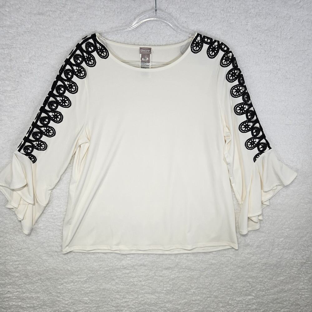 Chico's Black Scroll Embroidery Detail Pullover Top Flutter Sleeves Women 2 (LG)